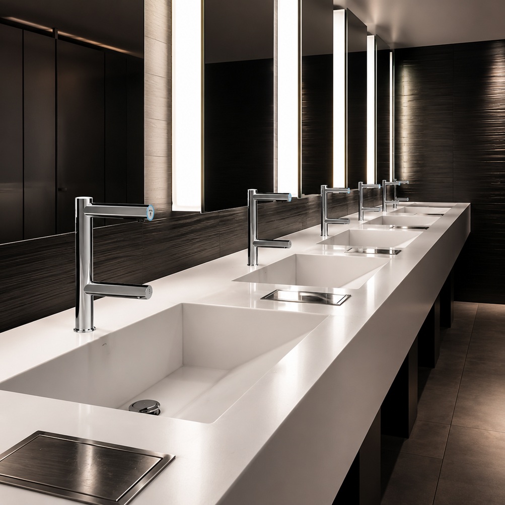 Polished chrome rectangular touchless faucet model installed on a white multi-station commercial restroom trough sink with illuminated mirrors and dark wall panels